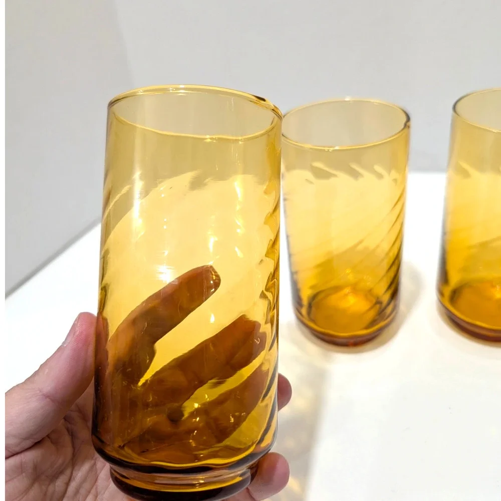 Libbey Gold Amber Swirl 16 oz Iced Tea Glasses Set of 4 Drinkware Vtg  #39901-K